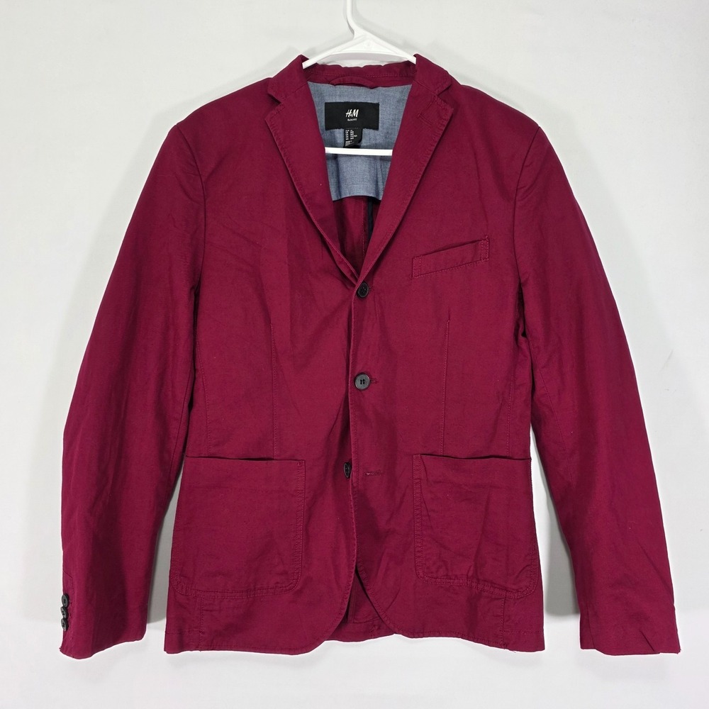 H&M Men's Sport Coat Blazer Two Button Maroon Cotton Linen Blend Size 36R Slim